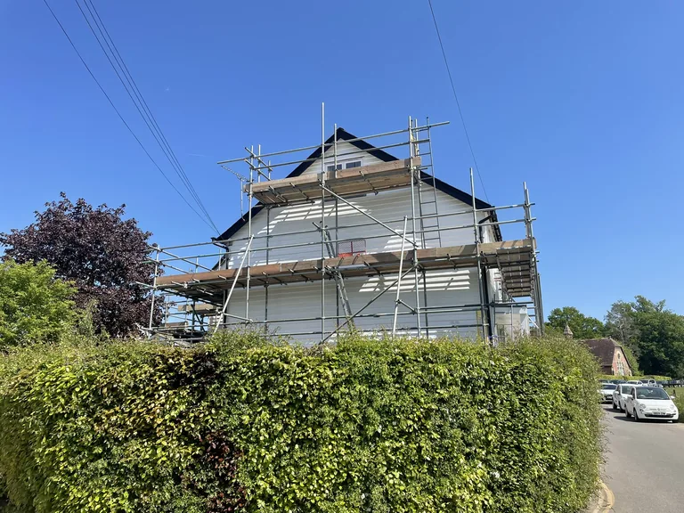 Scaffolding and works underway on a Grade II listed property on The Moor, Hawkhurst